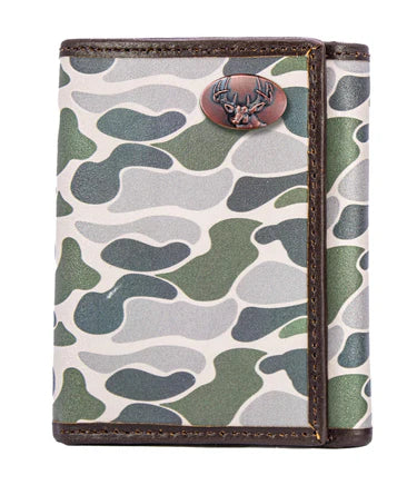 ZEP-PRO BUCK MEN'S TRIFOLD OLD SCHOOL CAMO LEATHER WALLET.-COLOR: Green/Gray Camo