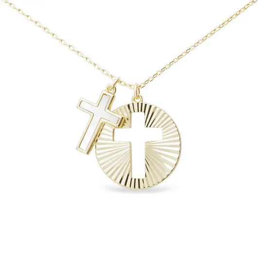 Amanda Blu Gold Mop Cross and Gold Disc Cutout Necklace