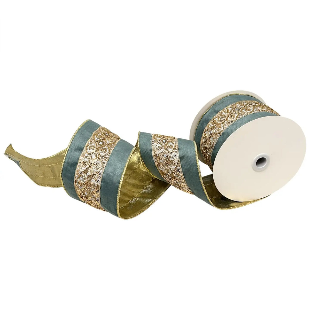 David Christopher's Embossed Gold Trim On Soft Aqua Ribbon 4" X 10yd
