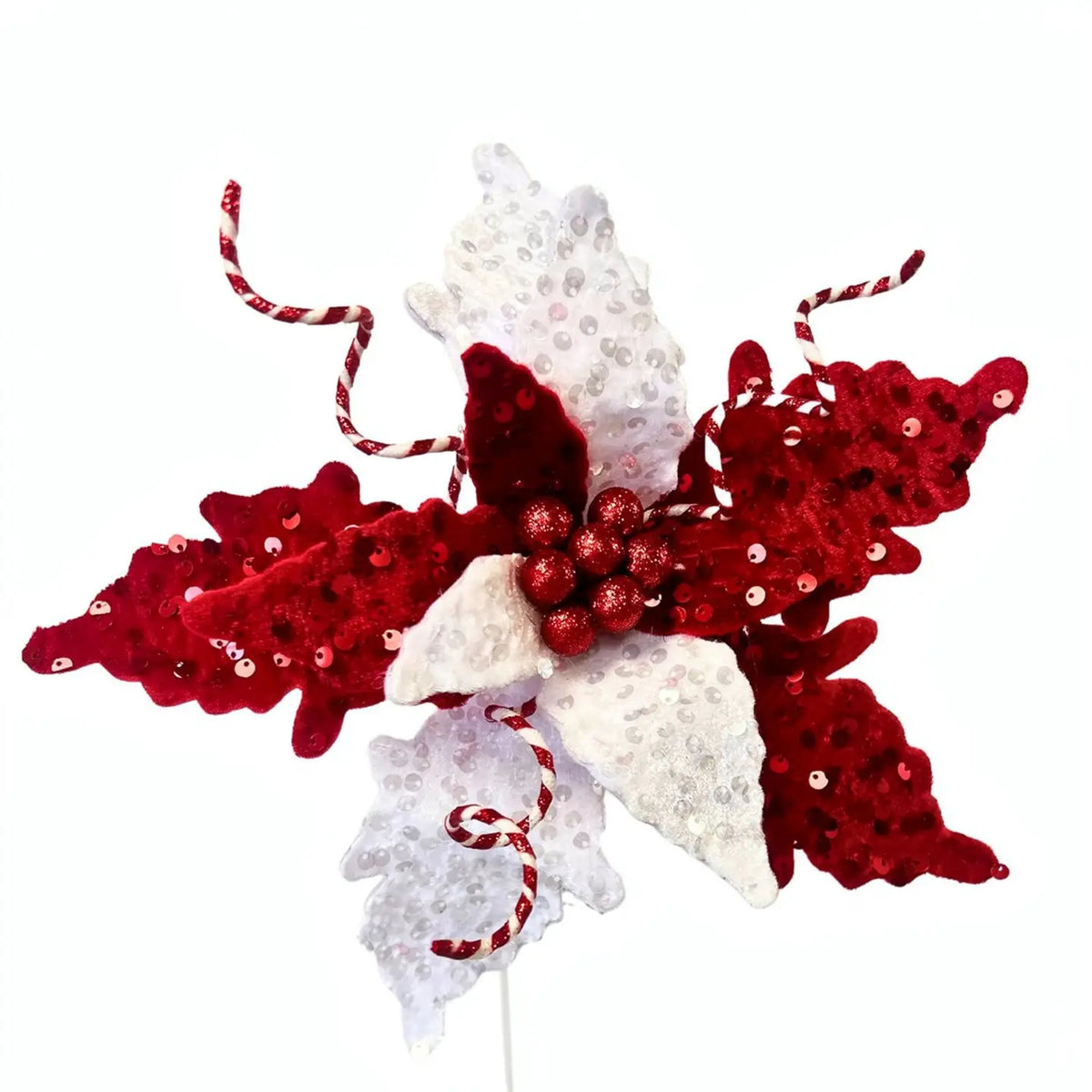 David Christopher's Mixed Velvet/Sequin Leaf Poinsettia Stem - Red/White 28”