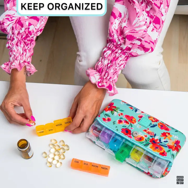 Made Easy Kit Pill Case Large 7-Day / 28 Compartments-Teal Floral