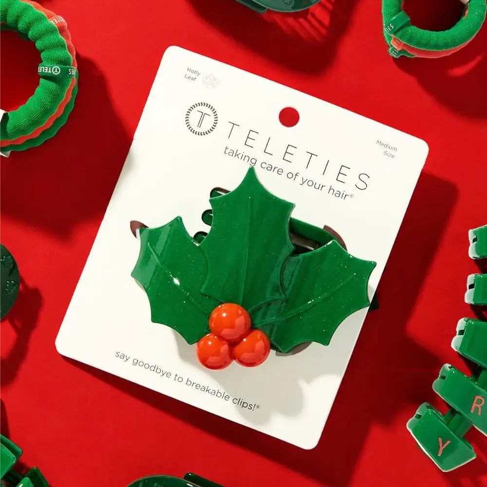 Teleties Glitter Holly Leaves | Flat Hair Clip