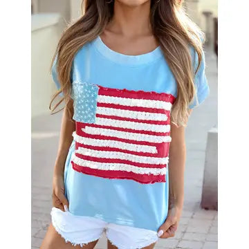Mist Blue Textured USA Flag Cap Sleeve Top
