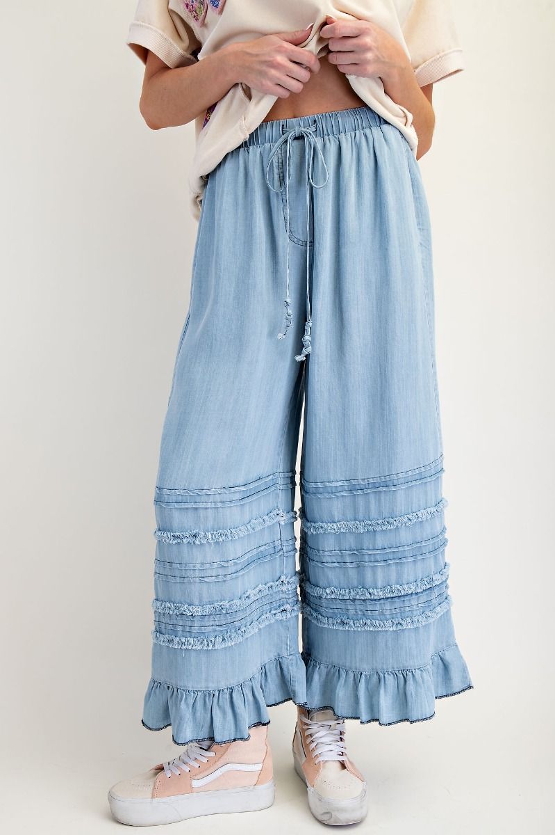 EASEL SELF FRAY WASHED CHAMBRAY PANTS