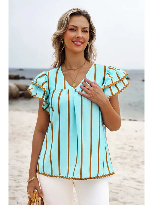 Ricrac Trim Double Ruffled Short Sleeve V Neck Blouse