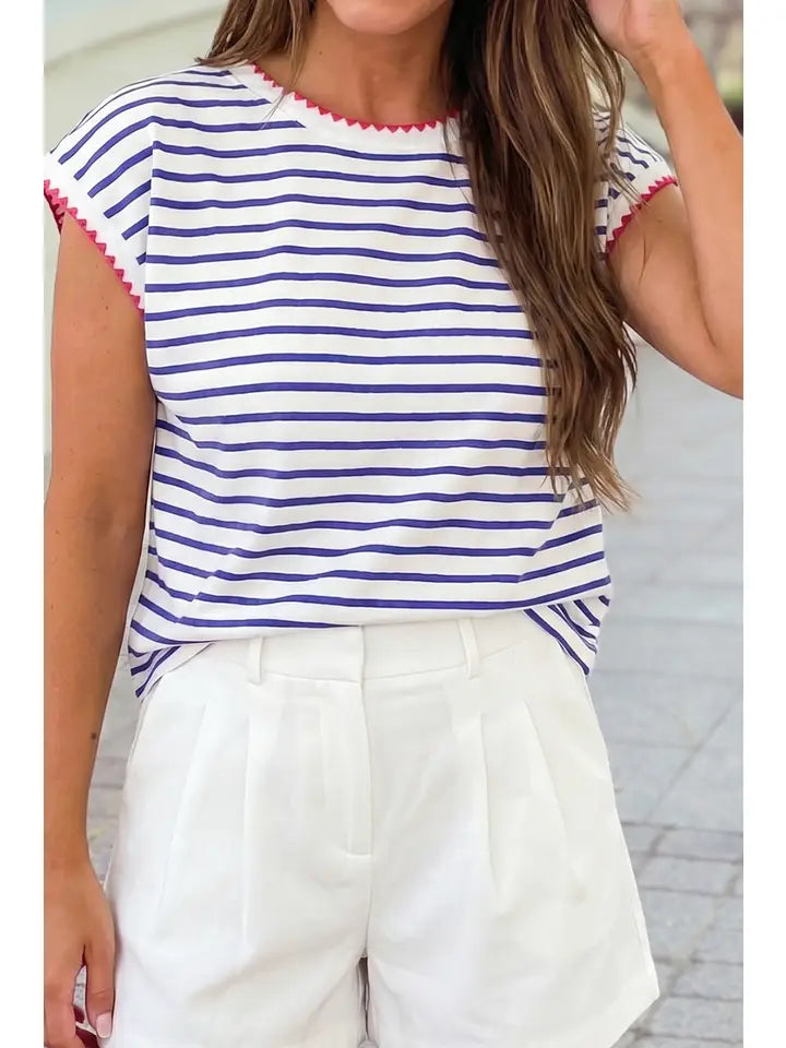 Contrast Trim Round Neck Cap Sleeve Tee