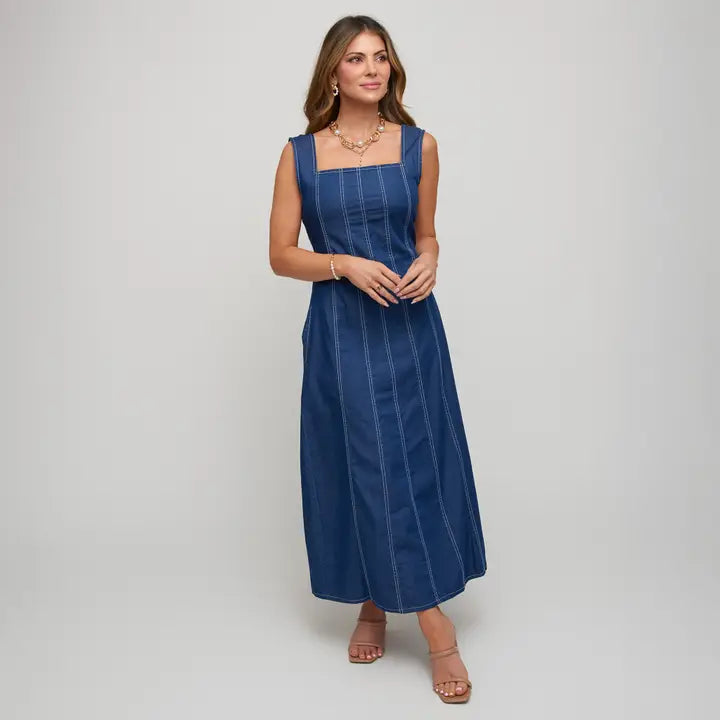 zoey midi dress Elsie & Zoey Midi Dress Elle Sleeveless Stretch Denim Square Neck –  shopflowersplus.com