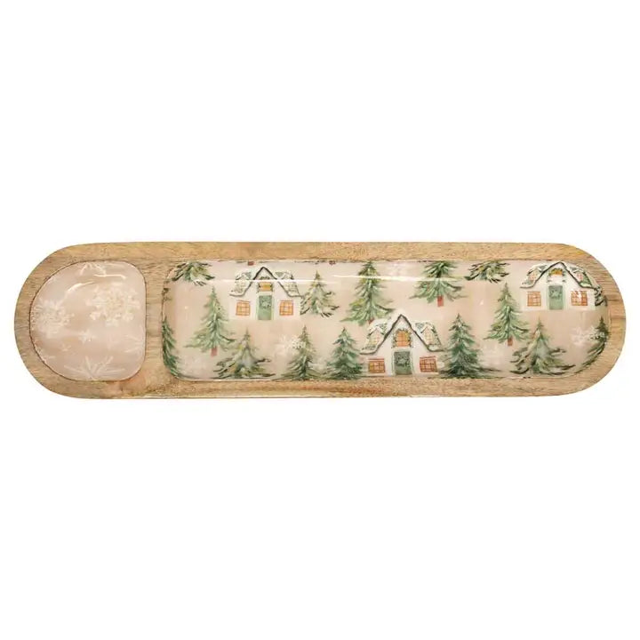 Boston International Gilded Tree Mango Wood 2-Sectioned Tray Christmas