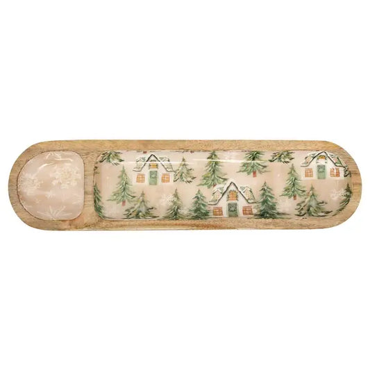 Boston International Gilded Tree Mango Wood 2-Sectioned Tray Christmas