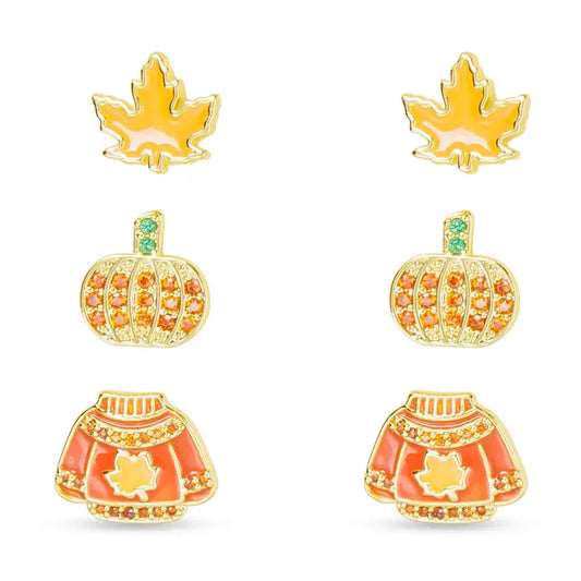 Amanda Blu Gold Trio Leaf, Pumpkin, Sweater Stud Earrings