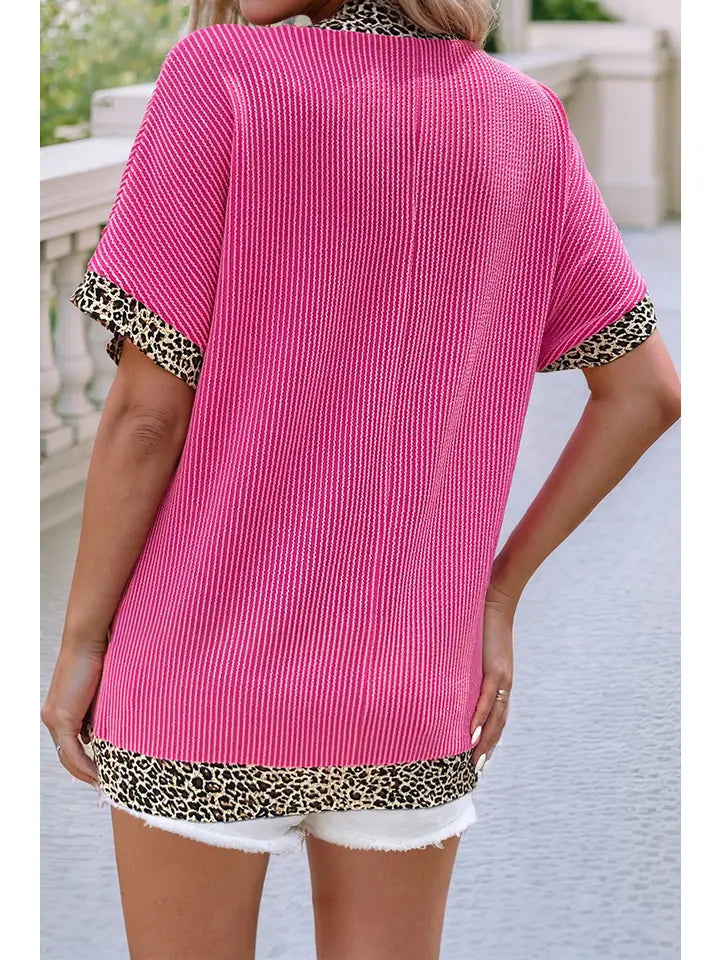 Leopard Patchwork Corded Texture V Neck T Shirt