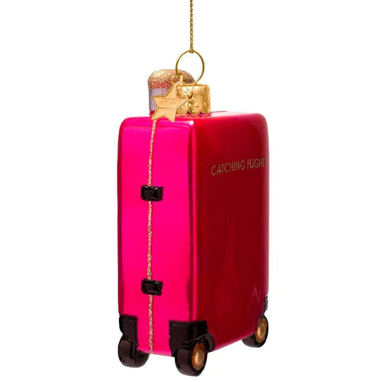 VONDELS Ornament glass raspberry pink catching flight suitcase H4"