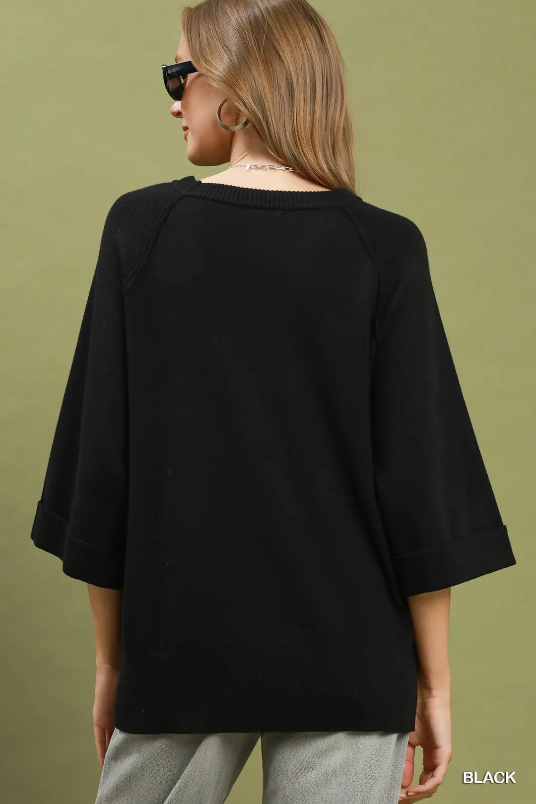 Umgee Crewneck Pullover Sweater Knit Top-Black