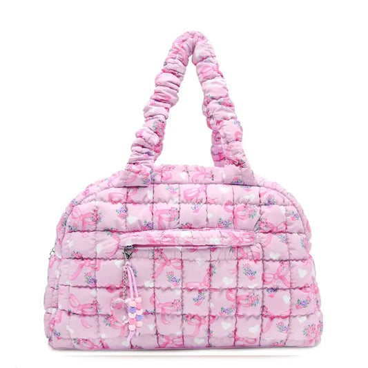 OMG Accessories Quilted Scrunchies Floral Bow Printed Medium Duffle Bag