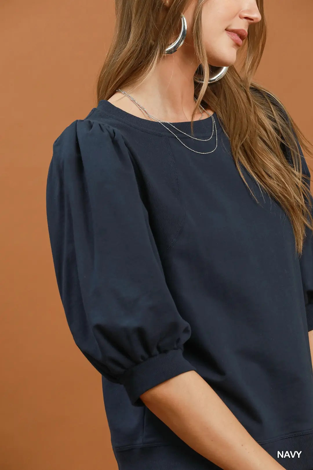 Umgee Puff Sleeve Pullover Sweatshirt Top