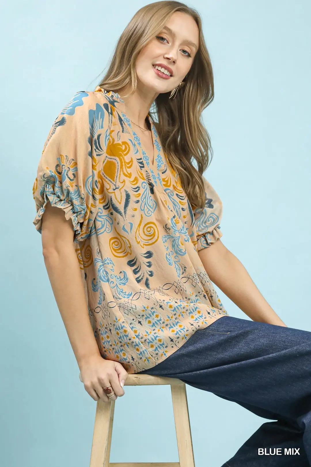 Umgee Border Print Puff Sleeve V-Neck Blouse-Blue Mix