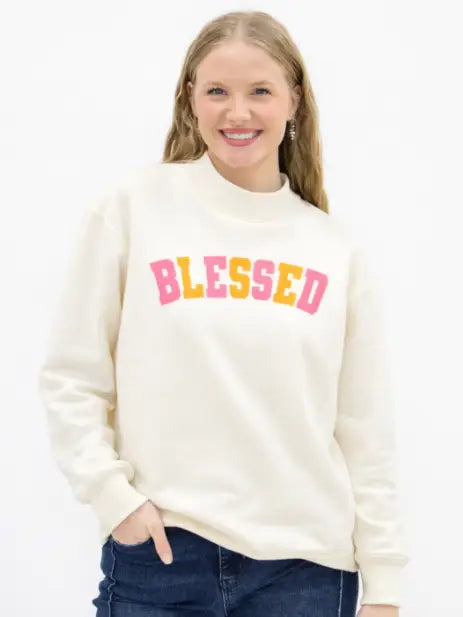 Grace + Emma Blessed On Mock Neck, Ivory