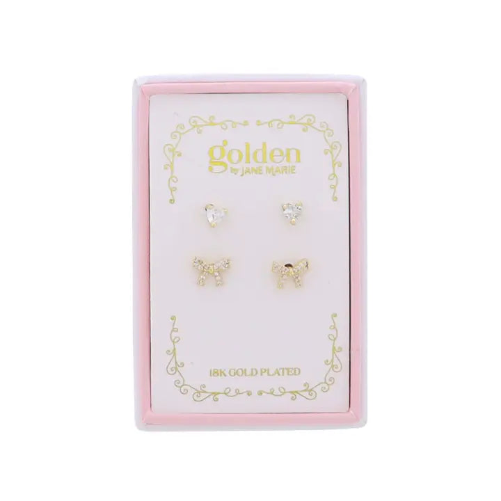 Jane Marie Kids 18K Gold Plated Set of 2 Heart & Bow Stud Earrings