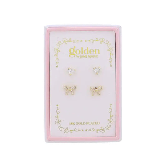 Jane Marie Kids 18K Gold Plated Set of 2 Heart & Bow Stud Earrings