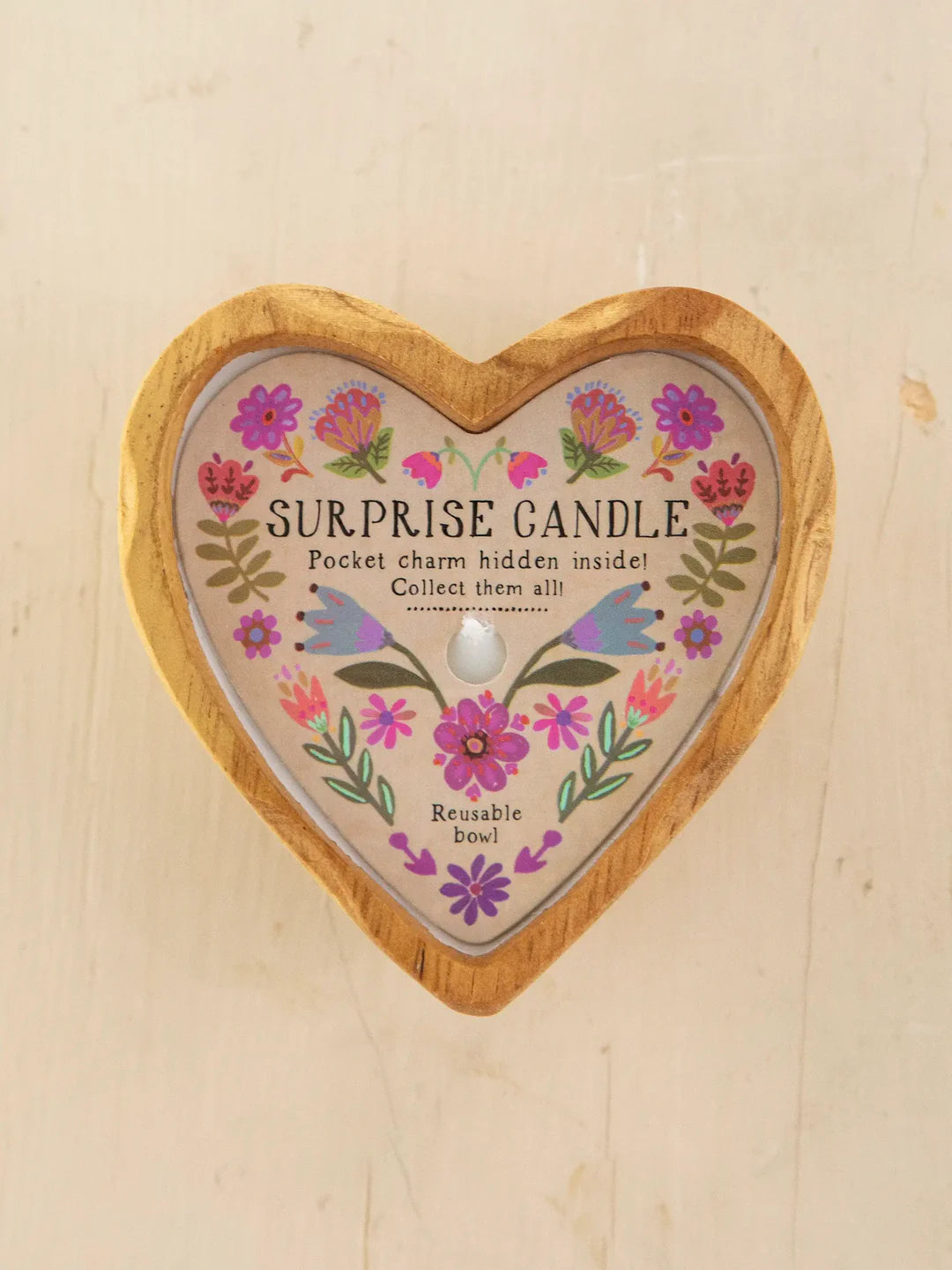 Natural Life Wooden Heart Surprise Candle-Folk Flower