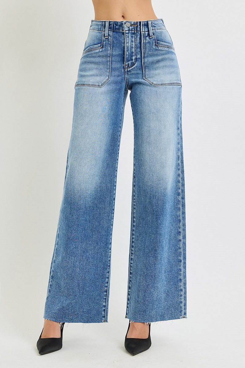 RISEN HIGH RISE WIDE LEG JEANS WITH FRONT PATCH POCKET DETAIL