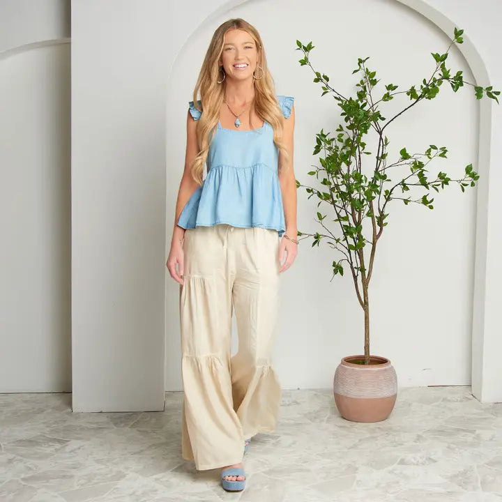 Elsie & Zoey Delaney Wide Leg Tiered Drawstring Chambray Pants