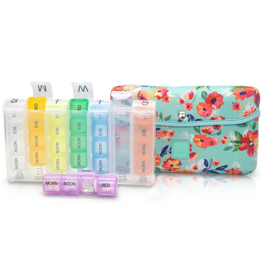 Made Easy Kit Pill Case Large 7-Day / 28 Compartments-Teal Floral
