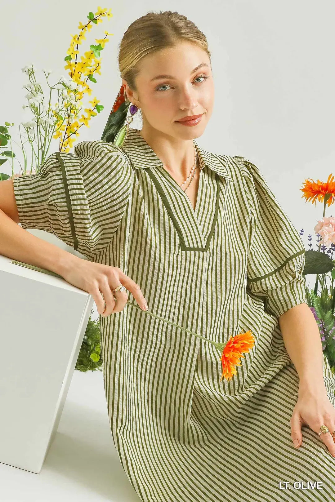 Umgee Striped Midi Dress with Puff Sleeves