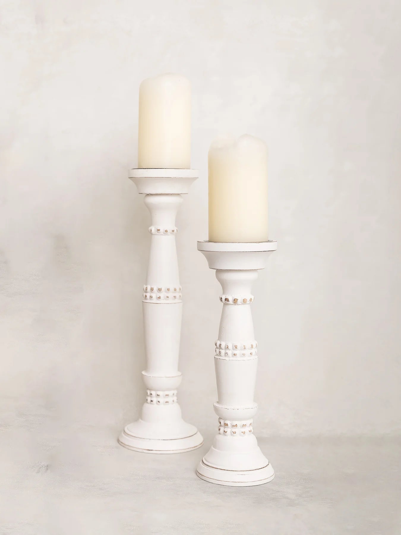 Mary Square  Beaded Candle Stick Whitewash Small