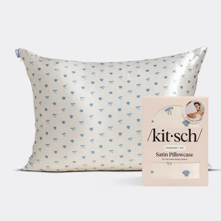 Kitsch Standard Satin Pillowcase - Pearlized Cream & Coastal Blue Print