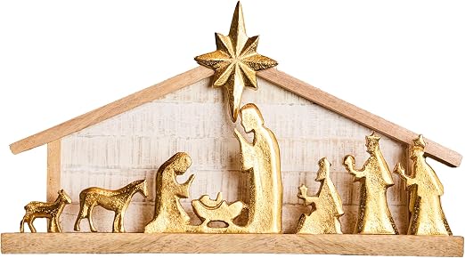 Mary Square Large Gold Nativity Scene Wooden Stable with Metallic Figures