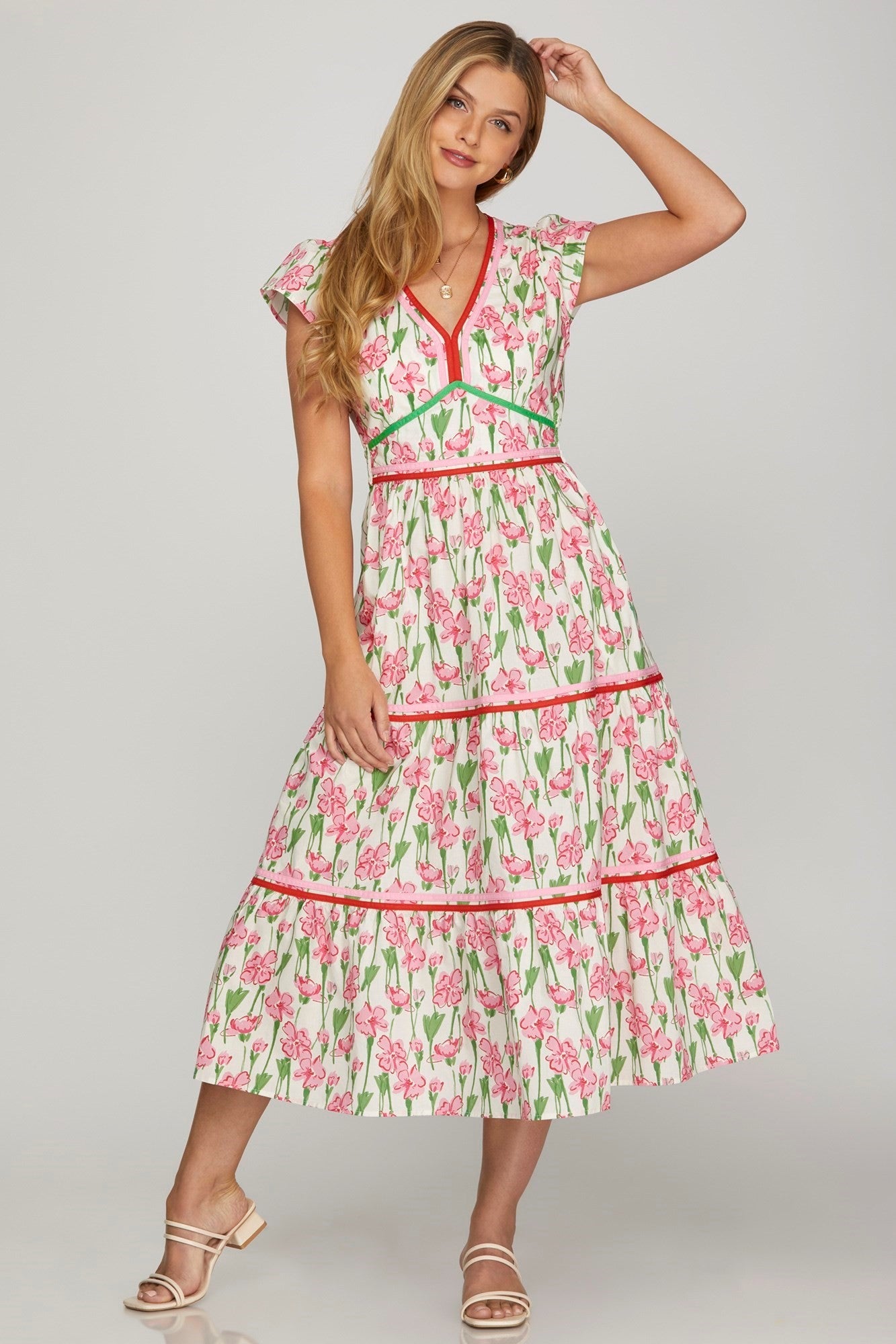 She + Sky Rint Poplin Woven Tiered Dress-Pink