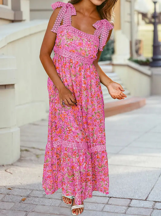 Floral Lace Tied Strap Empire Waist Maxi Dress