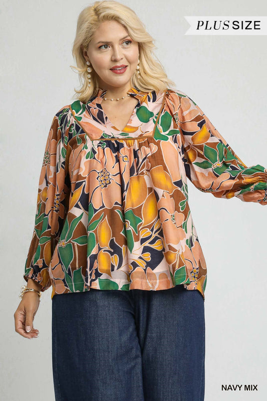 Umgee Multicolor Abstract Floral Print Blouse with Ruffle Neck