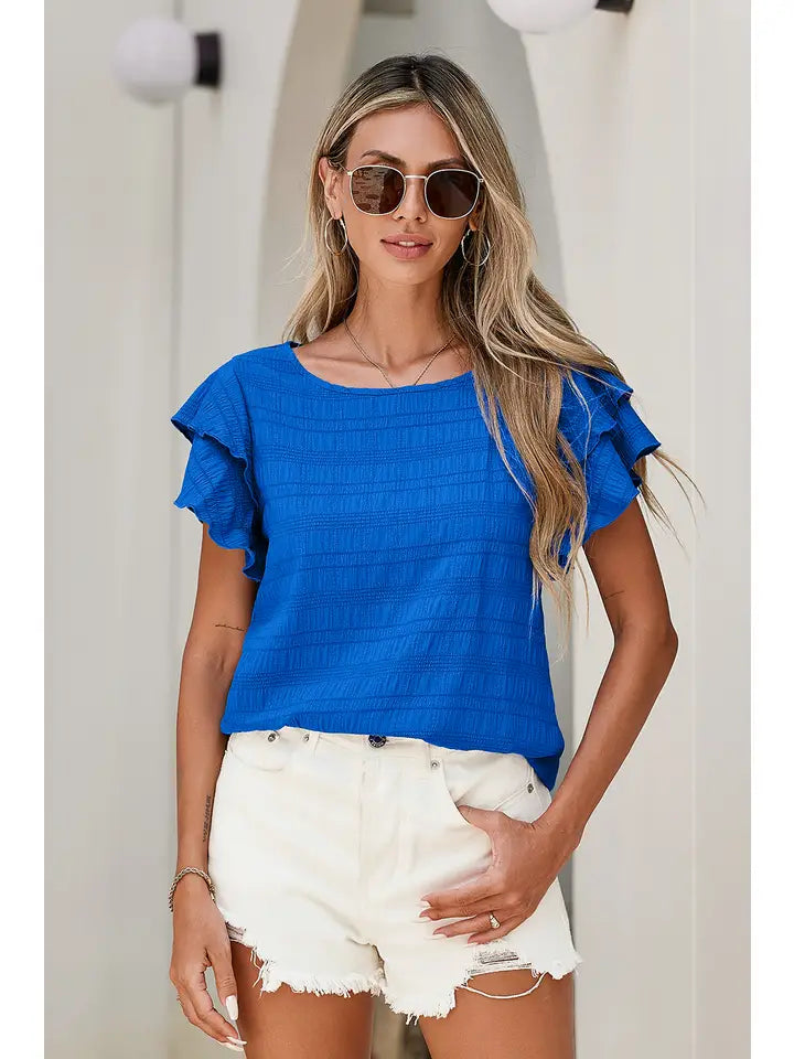Textured Ruffled Sleeve Round Neck Top
