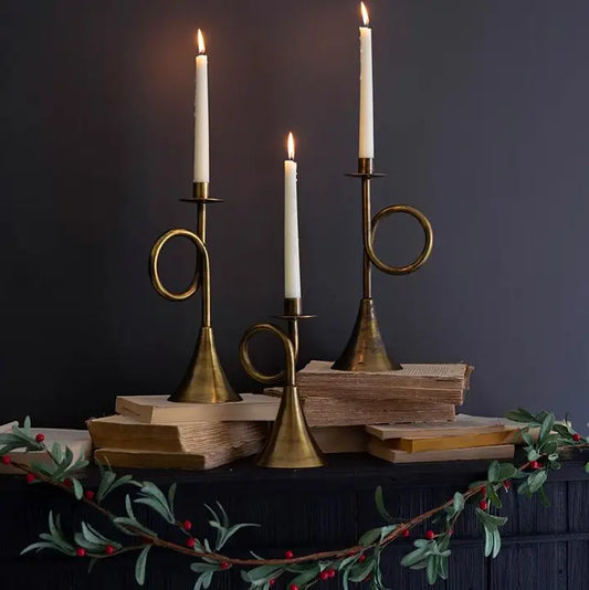 Kalalou Set of Three Antique Brass Trumpet Taper Candle Holders