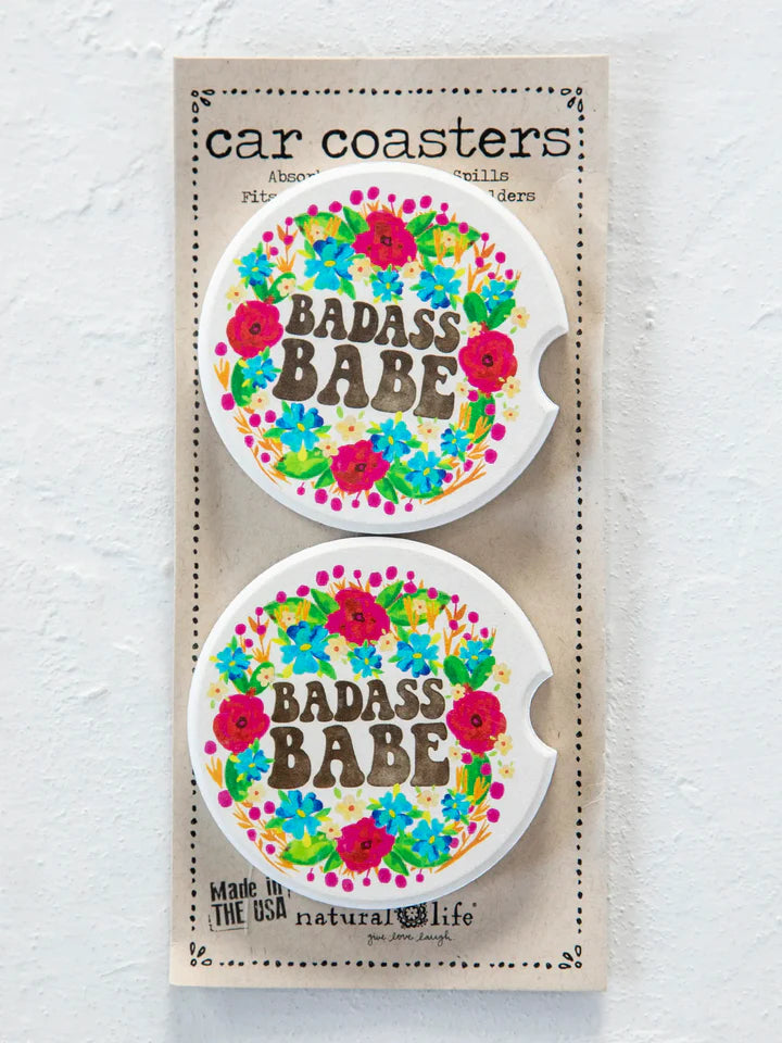 Natural Life Car Coasters, Set of 2 - Badass Babe