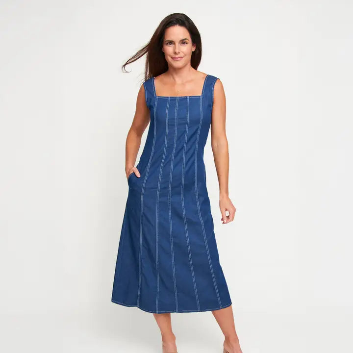 Elsie & Zoey Midi Dress Elle Sleeveless Stretch Denim Square Neck