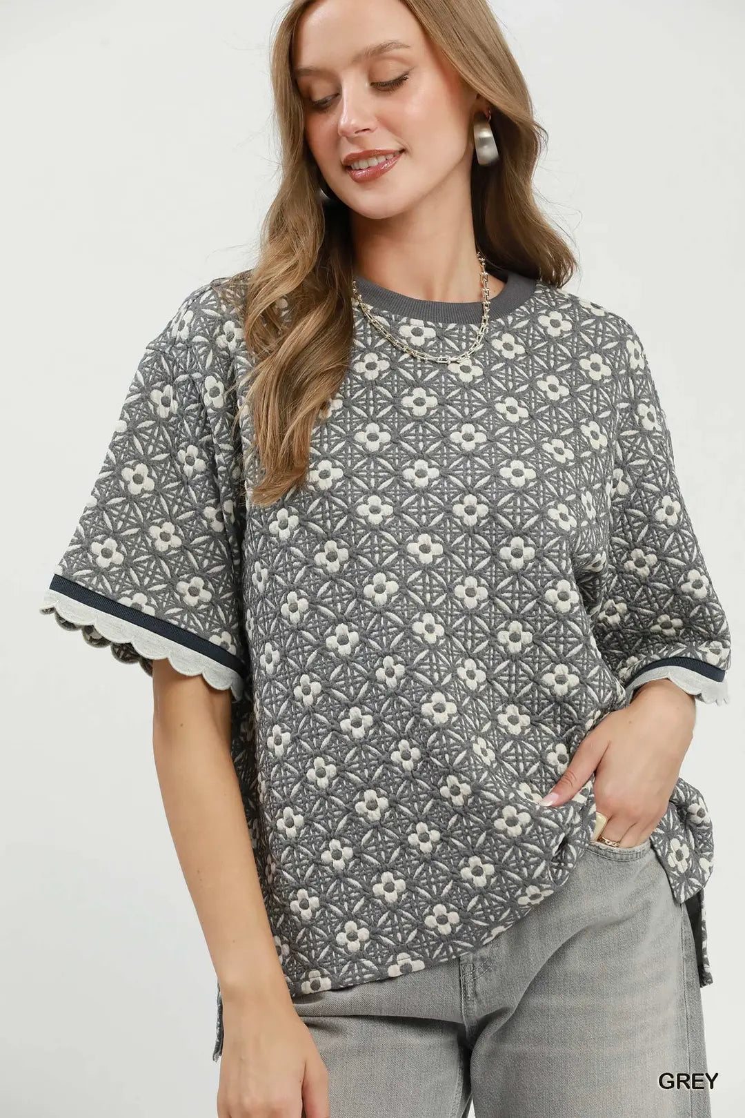 Umgee Jacquard Crew Neck Top
