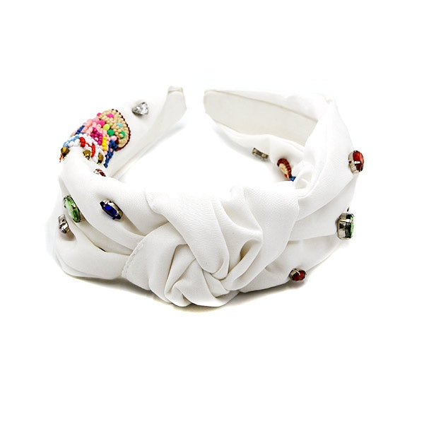 Viola Rhinestone Seed Bead Happy Birthday Cake White Multi-Colored Headband