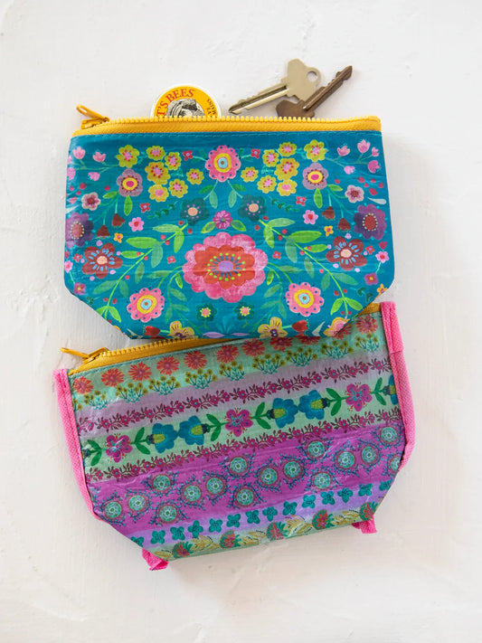 Natural Life Small Recycled Zipper Pouch-Turquoise Folk Flower