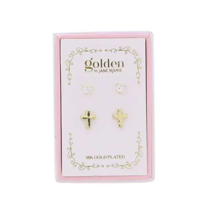 Jane Marie Kids 18K Gold Plated Set of 2 Heart & Gold Cross Earrings