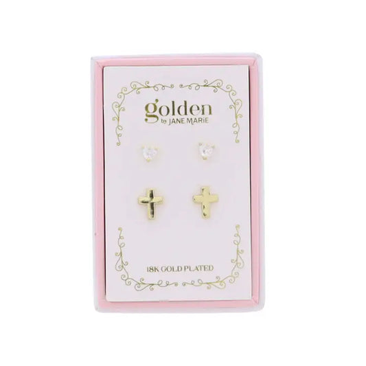 Jane Marie Kids 18K Gold Plated Set of 2 Heart & Gold Cross Earrings