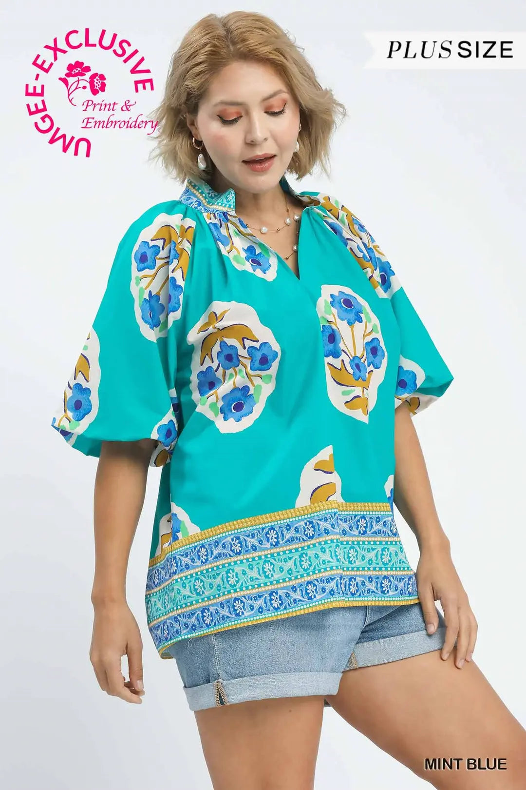 Umgee Boho-Chic Floral Print Blouse-Mint Blue