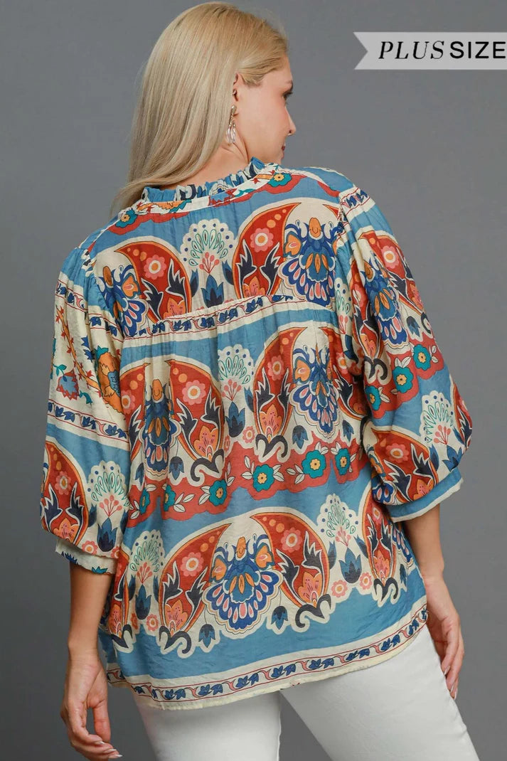 Umgee  Split Neck Print Top-Blue Mix