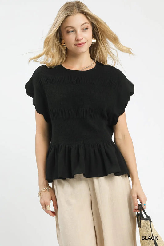 Umgee Linen Blend Smocked Peplum Top-Black