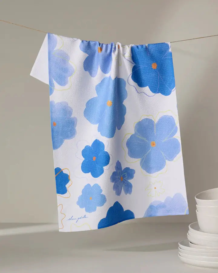 Geometry Blue Blossoms Tea Towel