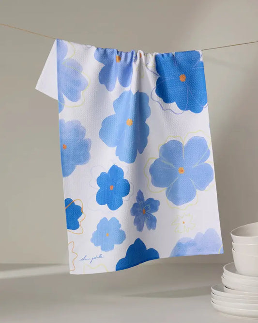 Geometry Blue Blossoms Tea Towel