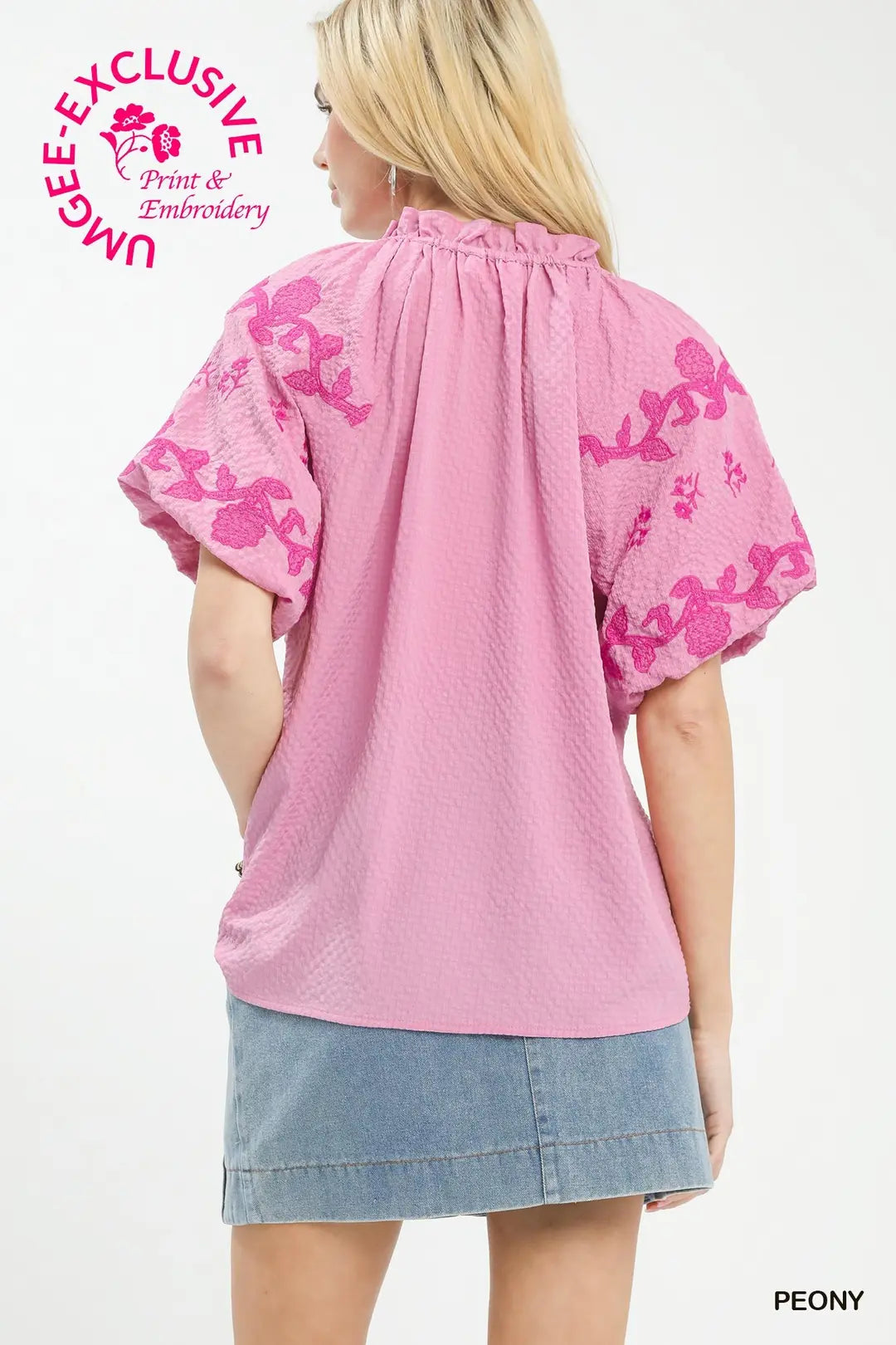 Umgee Embroidered Textured Flutter Sleeve Top-Peony