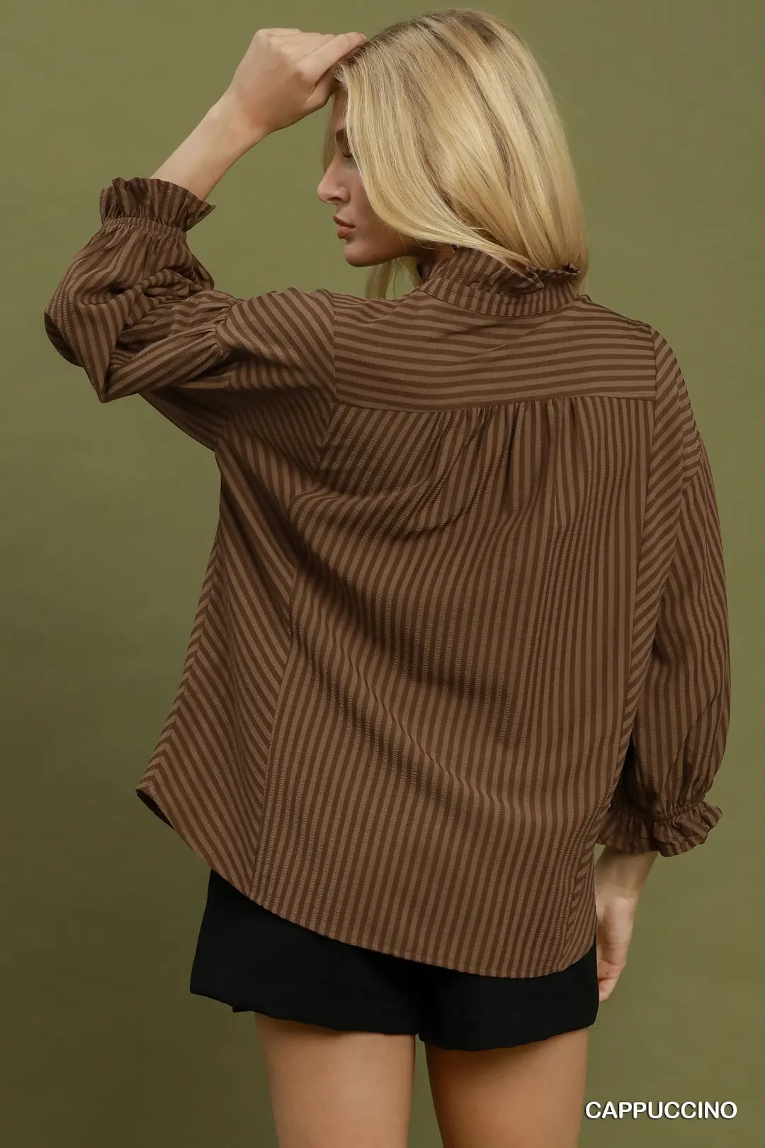 Umgee Stripe Seersucker Smocked Yoke Button-Front Blouse
